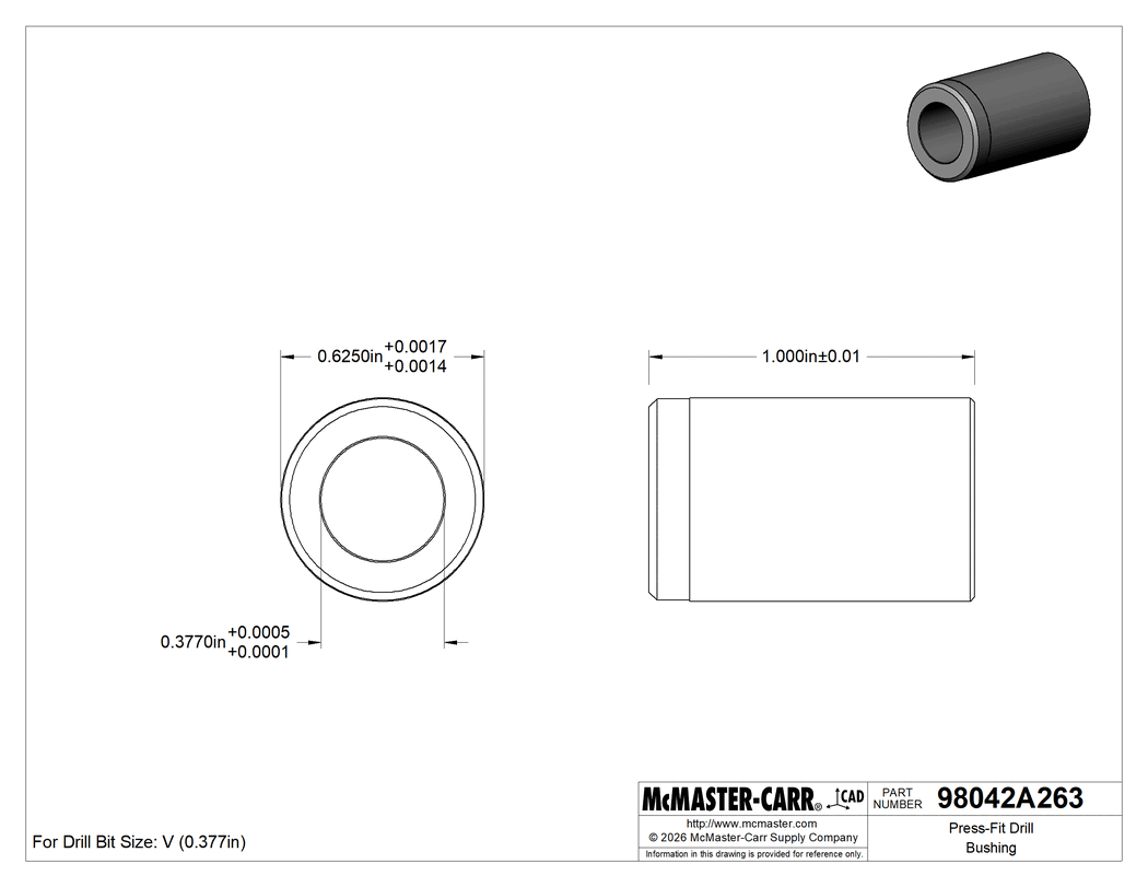 Technical Drawing of Press-Fit Drill Bushing, 0.377" ID, 5/8" OD, 1" Long.